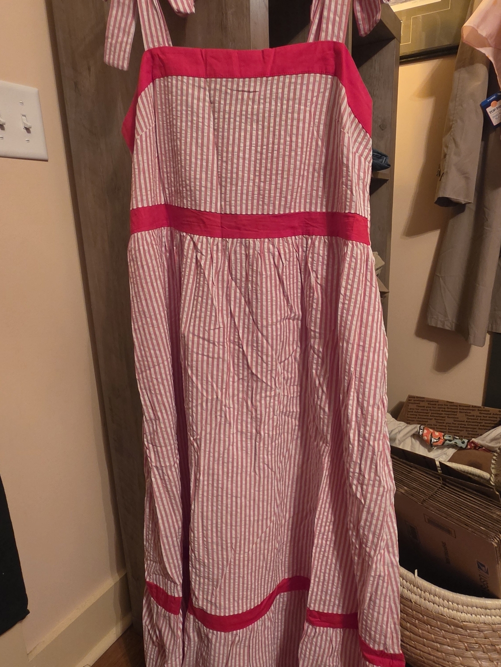 Red & White Classic Striped Maxi Seersucker Coastal Dress Tie Straps